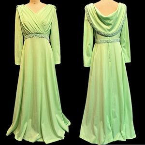 VINTAGE 60s 70s pistachio mint full length maxi gown formal dress beaded‎ MCM